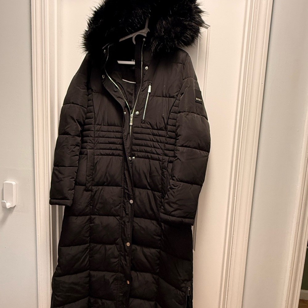 DKNY full length Black Down Puffer Jacket with Faux Fur Trim on the hood